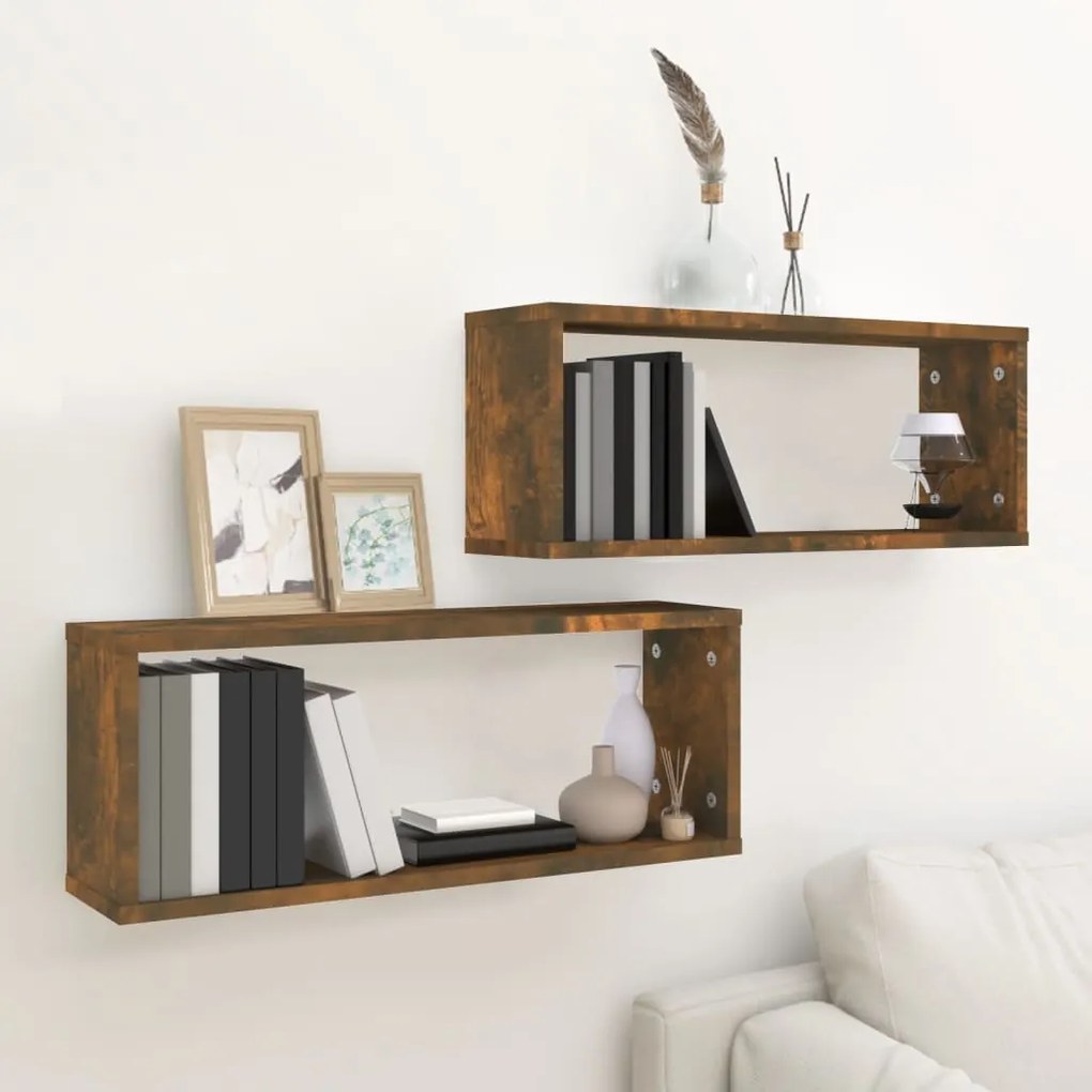 2 db füstös tölgy színű szerelt fa fali kockapolc 60x15x23 cm