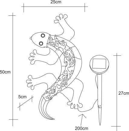 Globo 33518 Solar fém falilámpa, bronz színben, gekkó figurával. Két kapcsolási lehetőség: sima világítás, vagy villogás. IP44, kapcsolóval, inkl. 1xAA Ni-Mh 300mAh 1,2V, BxH:500x250, AL:50, inkl. 25xLED 0,06W 3V, 3000K