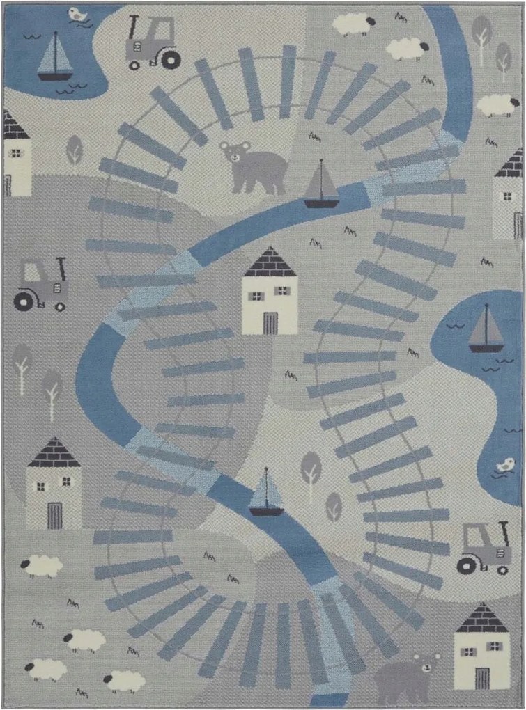 Puha kék-szürke gyerekszőnyeg,mintás- vonatpálya 120x170