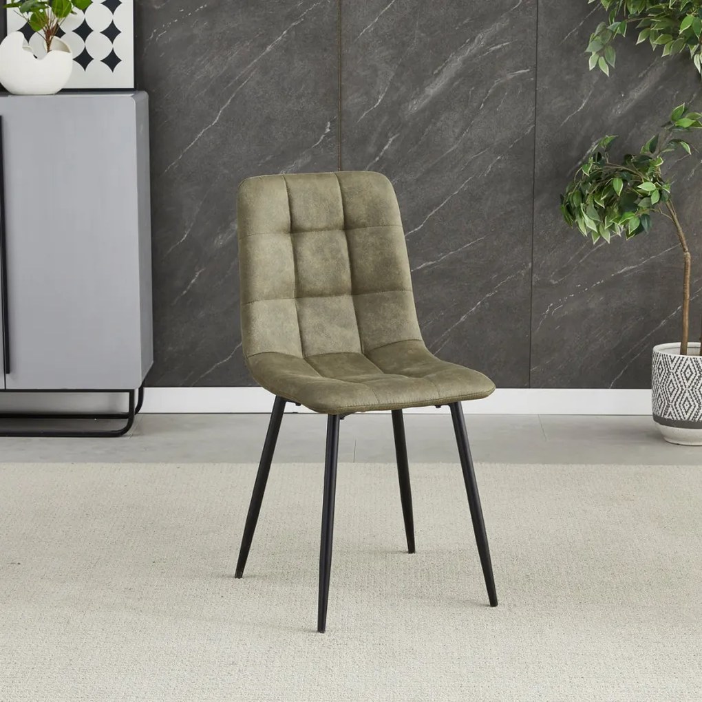 Scaun de sufragerie, stofa vintage gri-verde, picioare metalice negre