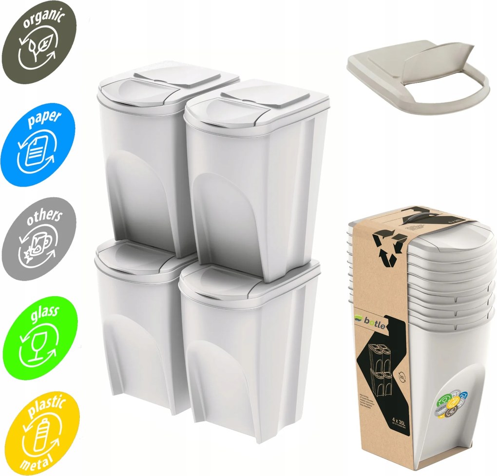 Szelektív Hulladékgyűjtő Kosár 140 L Szett 4x35L Hulladék Hamutartó Matricák