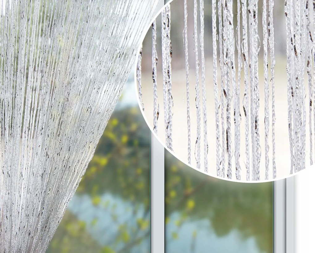 Függöny spagetti zsinór rojtokkal 300x250 széles, fehér, ezüst cérnával