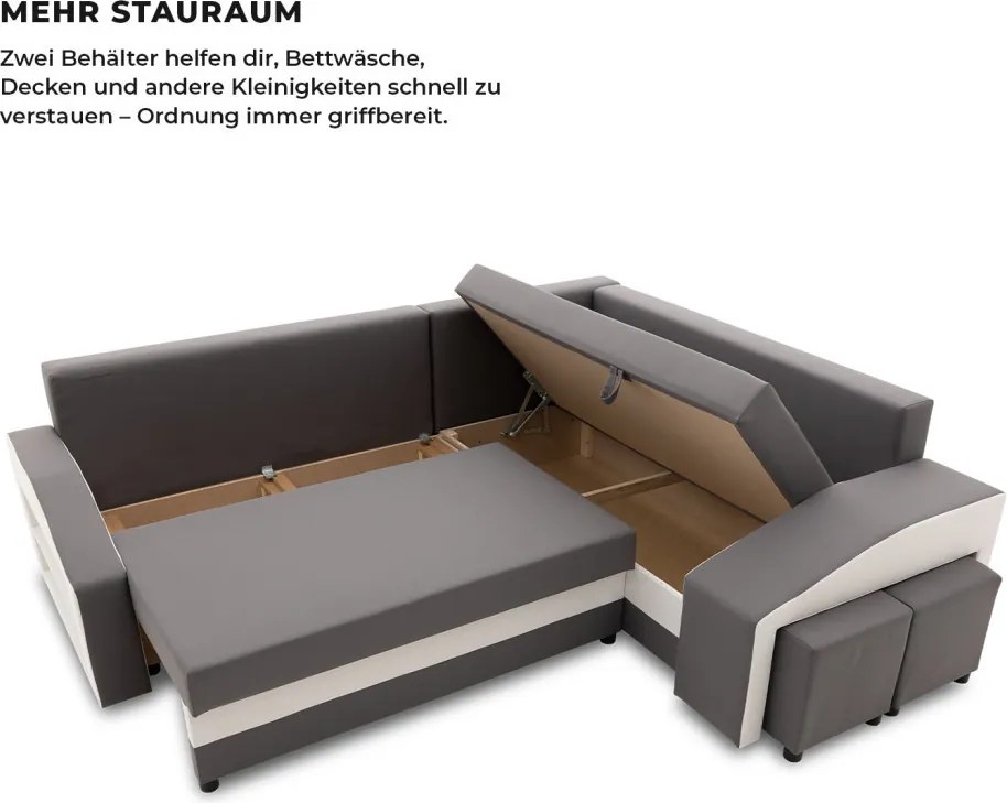 Grande sarokkanapé polcokkal és puffokkal , polc a bal karfaban puffok a jobb karfaban, jobboldali, szövet anyag, hab töltet, szürke - fehér