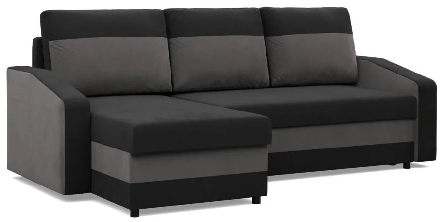 Hewlet sarokkanapé, 2 ágyneműtartóval, szövet anyag, univerzális oldal, hab töltet, fekete - szürke