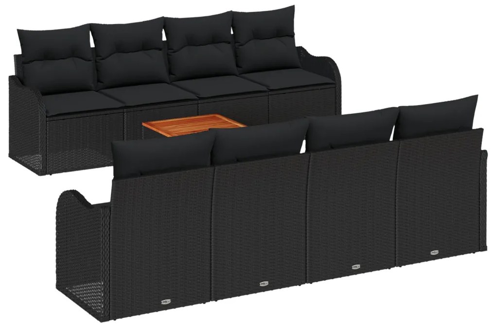 9 darabos Kerti Sofasor párnákkal Fekete Polirattan Akácia