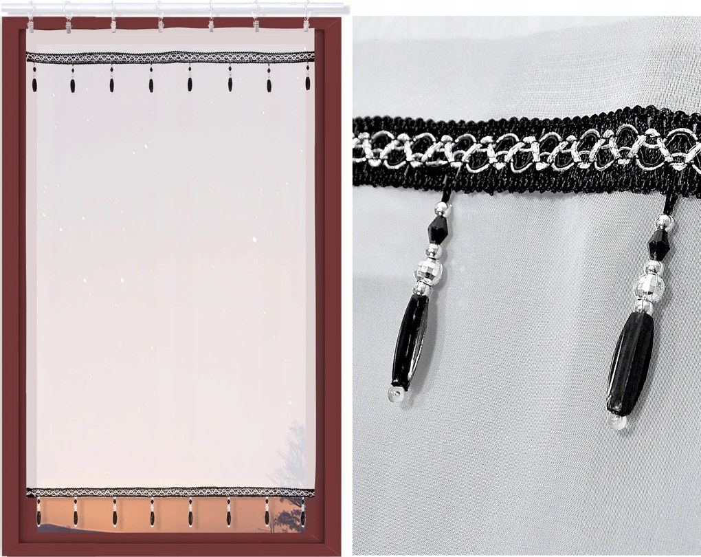 Kész függöny panel, fátyol képernyő fehér fekete gyöngyökkel 60x110 cm széles