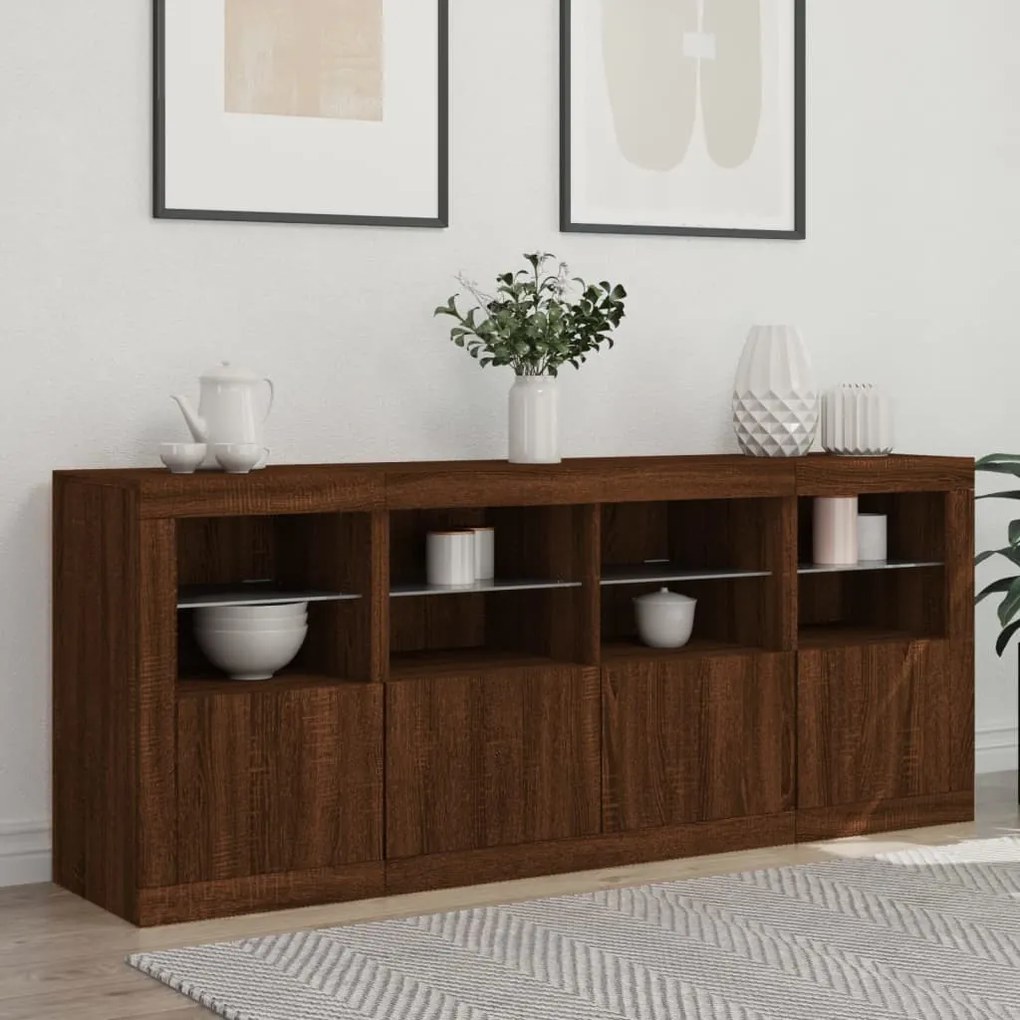 barna tölgy színű tálalószekrény LED-ekkel 163 x 37 x 67 cm