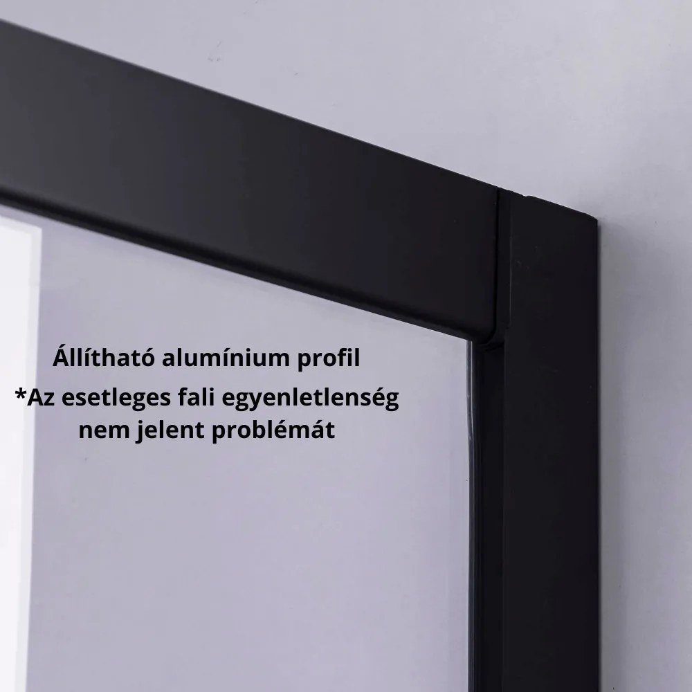 Stuxi Nizza Black 110x70 aszimmetrikus szögletes tolóajtós zuhanykabin 6 mm vízlepergető biztonsági üveggel, fekete elemekkel, 200 cm magas