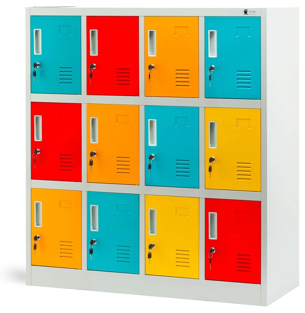 Fém öltözőszekrény, 12 rekeszes OLA, 1090 x 1200 x 450 mm, szürke-többszínű