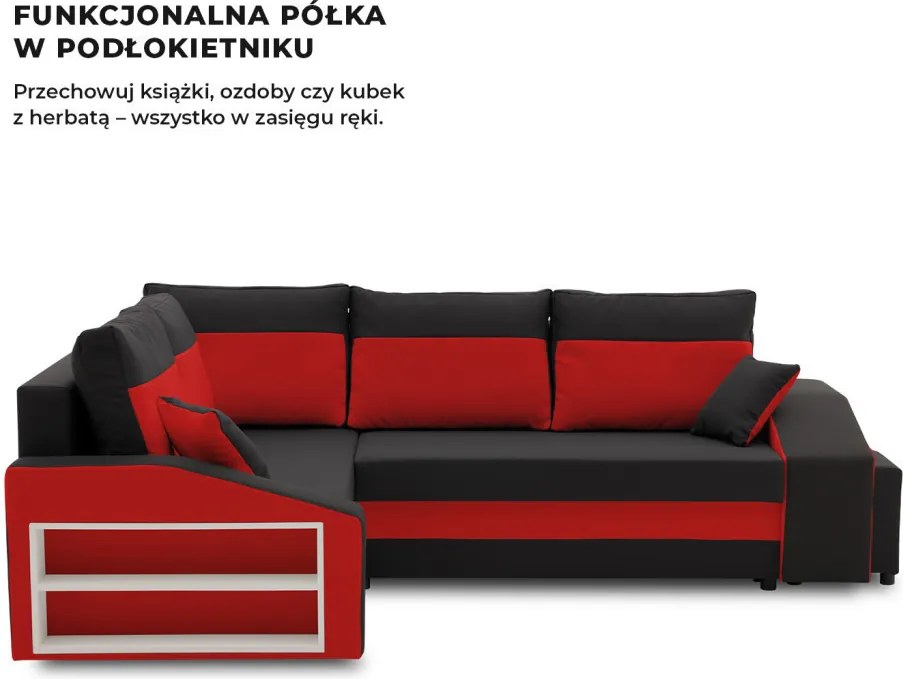 Grande sarokkanapé polcokkal és puffokkal , polc a bal karfaban puffok a jobb karfaban, baloldali, szövet anyag, hab töltet, fekete - piros