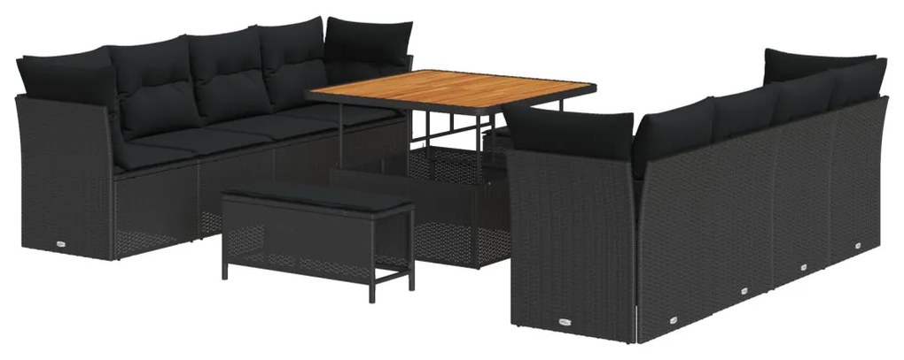 11 részes kert kanapészett párnákkal fekete poli rattan akác, 3 részes kert étkező szett párnákkal fekete poli rattan akác