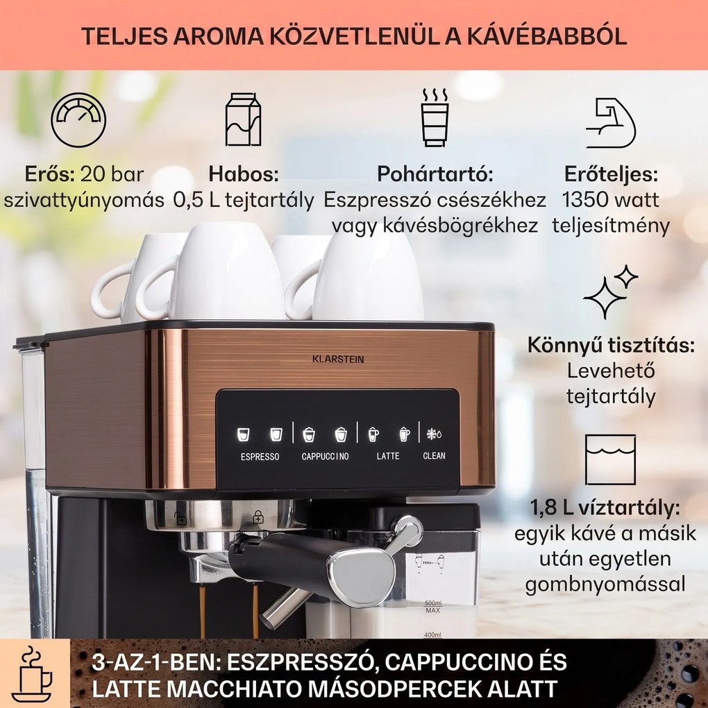 Klarstein Arabica Comfort, kávégép portaszűrővel, 1350 W, 20 bar, 1,8 l, érintőképernyő