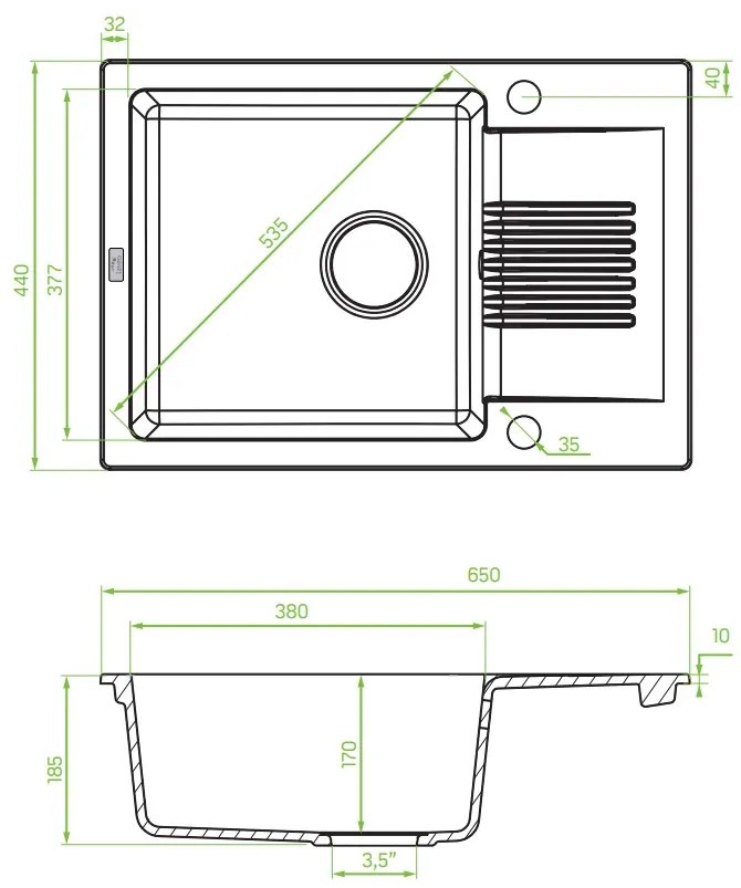 Laveo Celia, 1 kamrás gránit mosogató 650x440x185 mm rövid lefolyóval, fekete, LAV-SBC_713T