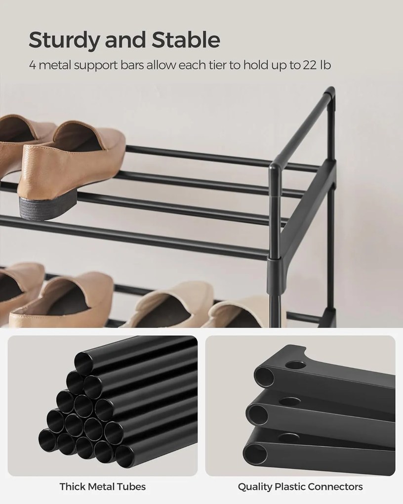 4 szintes cipőtároló állvány, fém cipőtartó 20 pár cipő számára, 92x30x73 cm, fekete