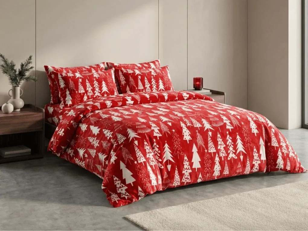 Mikroplüss ágyneműhuzat CHRISTMAS TREES piros Ágyneműhuzat mérete: 2 db 70 x 90 cm | 200 x 220 cm