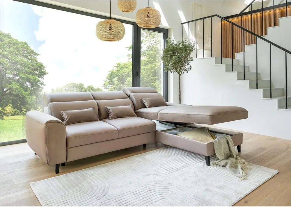 Világosbarna bársony kinyitható-tárolóhelyes sarokkanapé (bal oldali-heverő résszel) Foble – ELTAP