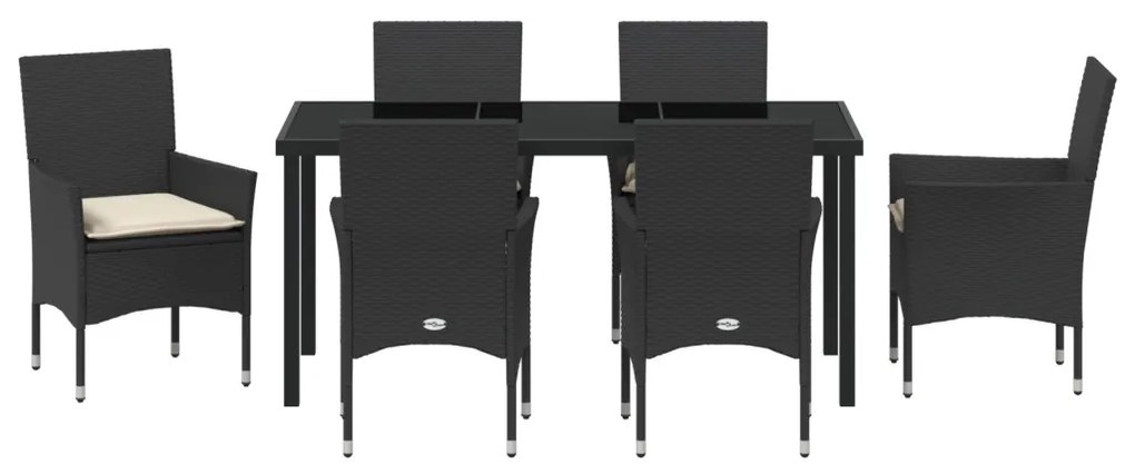 7 Darabos Kerti Étkezőszett Párnákkal Fekete Polirattan, Kerti Asztal Fekete 160x80x73 cm Edzett Üveg