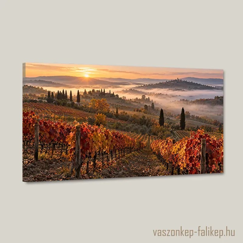 Ködös toszkán hajnal falikép – meleg tájház 40x23 cm