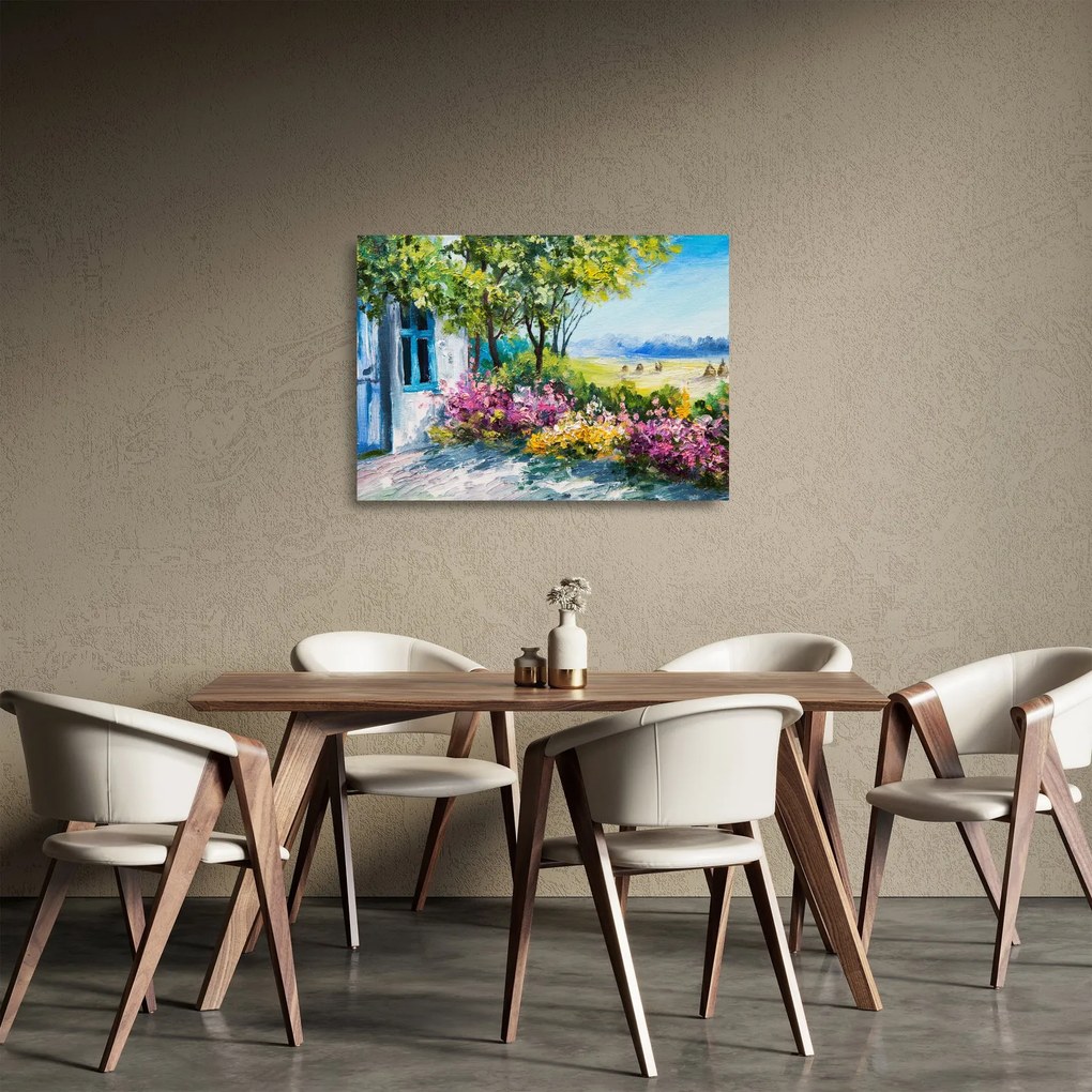 Kép a ház előtti kertről, olajfestmény (üvegen) (70x50 cm)