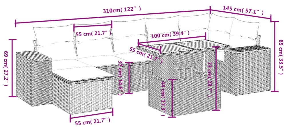 8 részes fekete polyrattan kerti ülőgarnitúra párnákkal