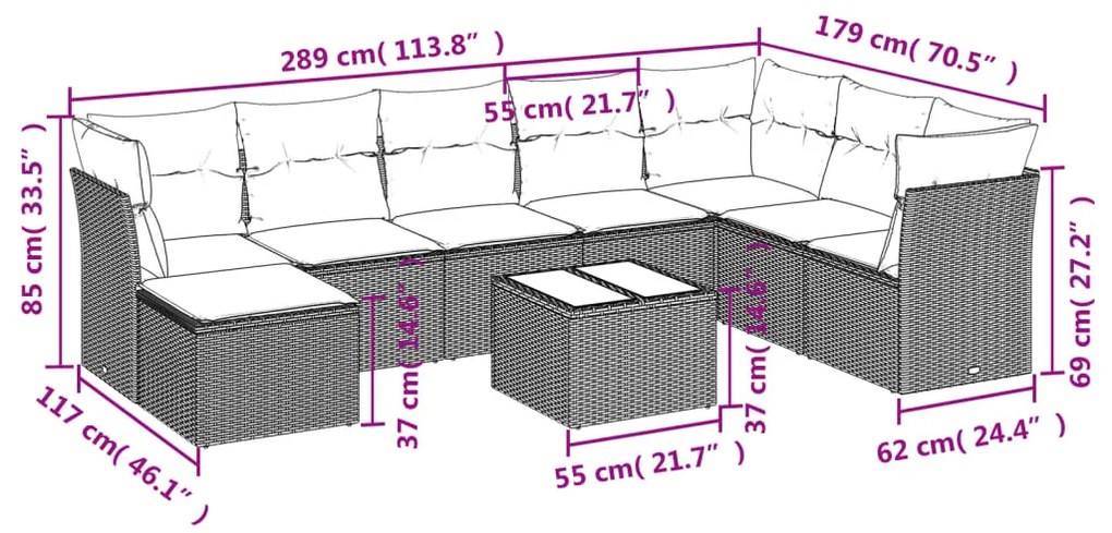 9 részes világosszürke polyrattan kerti ülőgarnitúra párnával