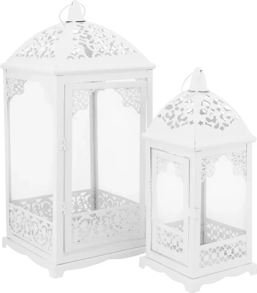 Dekorációs Lampion Áttört 31/42 CM Fém Zseblámpa Fehér 2 Db-os Szett