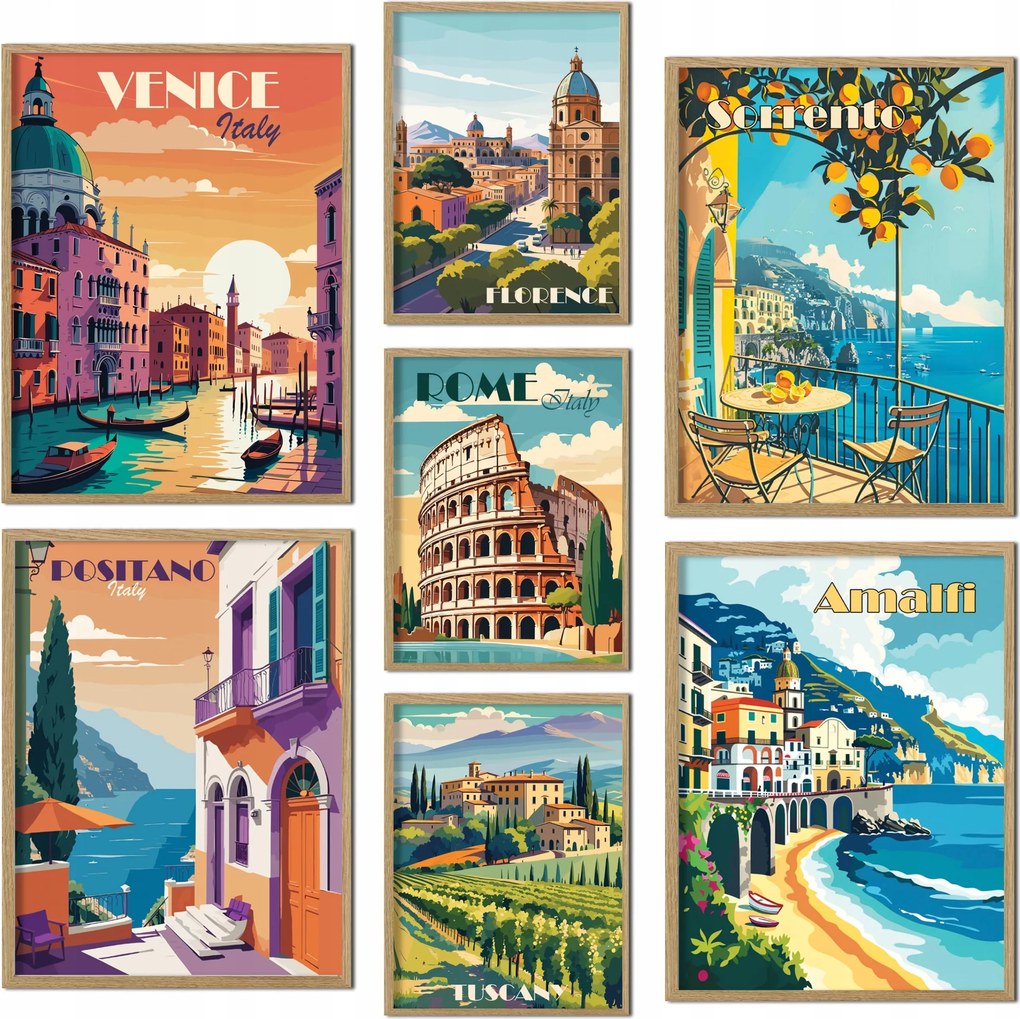 Galéria szett 7 Poszter Olasz utazás Sorrento Róma Toszkána Illusztrációk