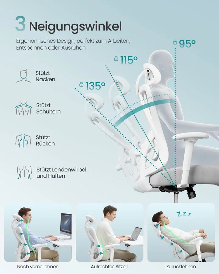 SONGMICS ergonomikus irodai szék, magasságállítható, fehér-szürke