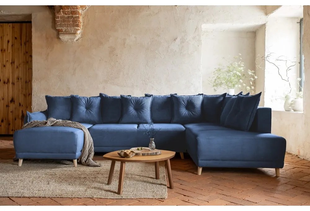 Sötétkék kordbársony kinyitható sarokkanapé (jobb oldali-U alakú) Lazy Lukka – Miuform