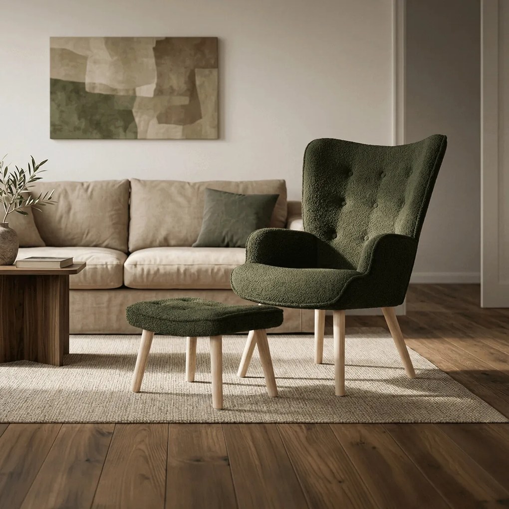 Zöld relaxfotel, boucle szövet kárpitozással