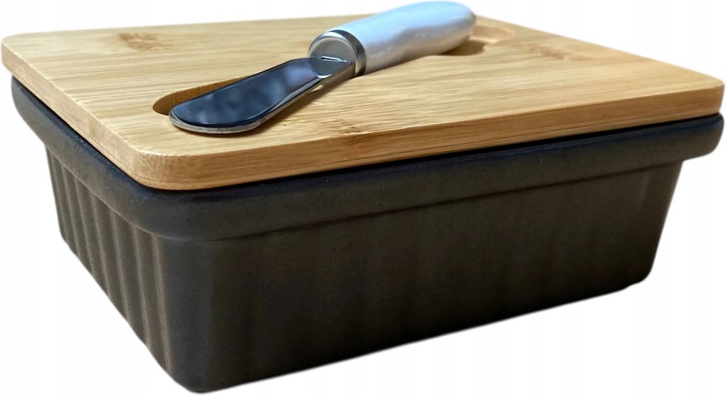 Moderno fekete kerámia vajtartó bambusz fedéllel és késsel