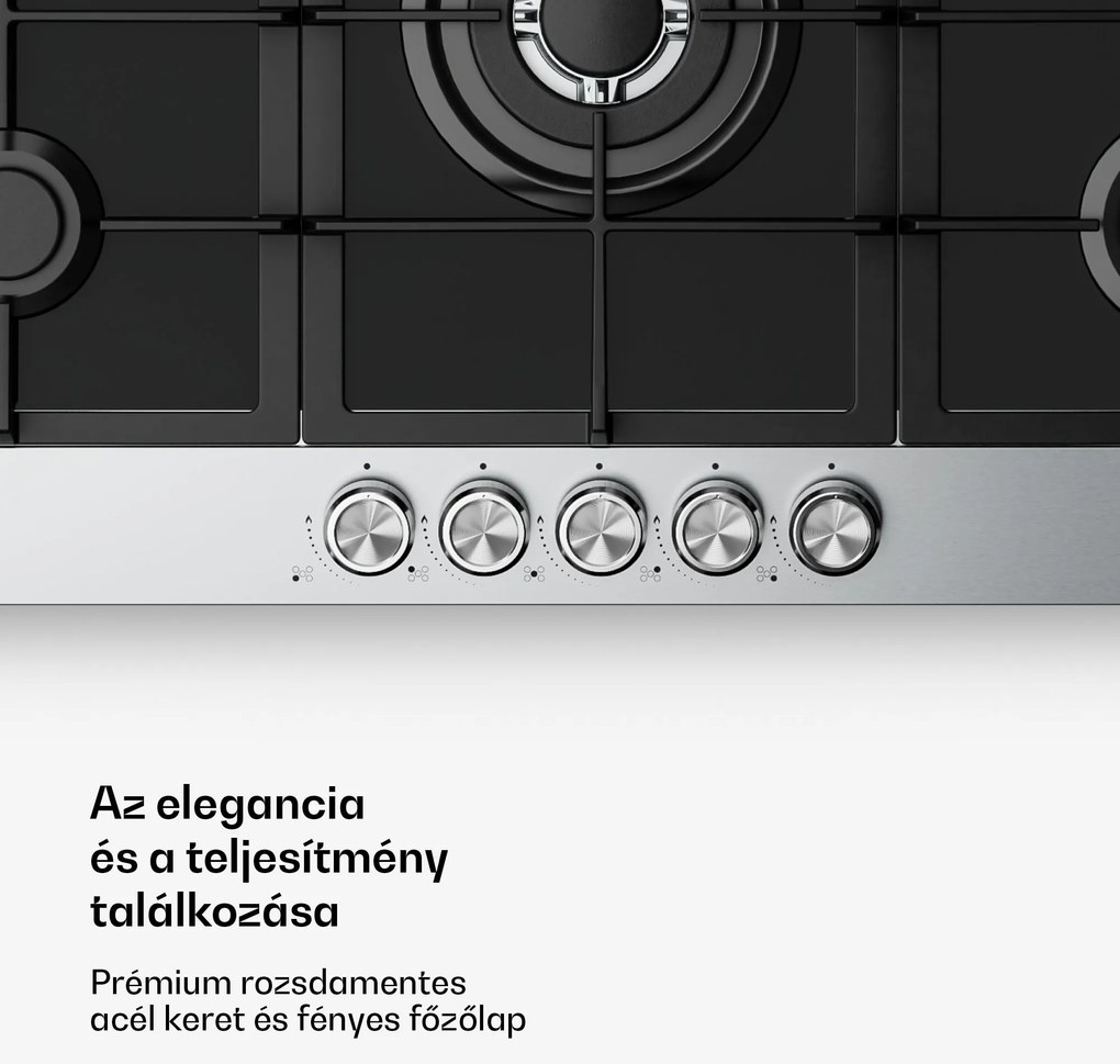 Klarstein Verosteel gázfőzőlap, 5 égőfej, elektromos gyújtás, földgázzal és LPG-vel kompatibilis, 10400W, 90cm