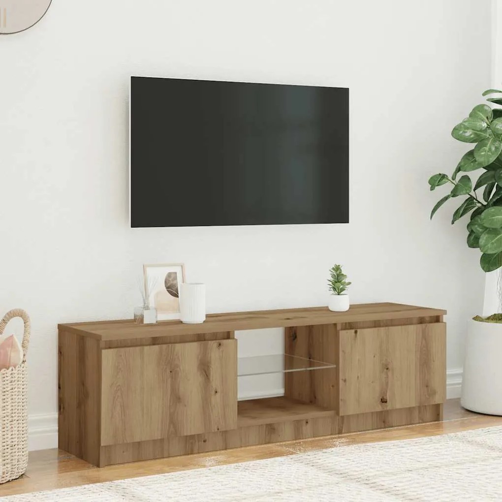 kézműves tölgy szerelt fa TV-szekrény LED-ekkel 120x30x36 cm