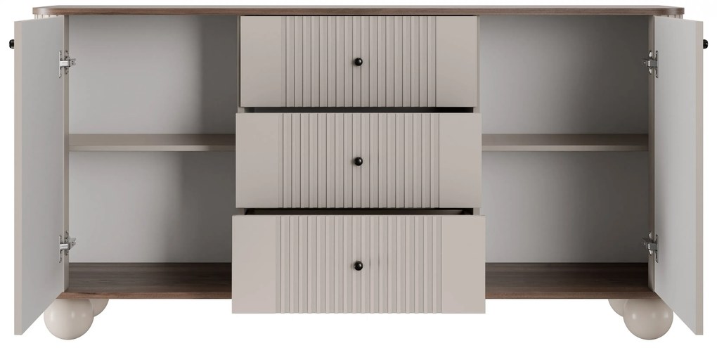 Vesper komód 160 cm fiókokkal gömb lábakon - kasmír / dió / fekete fogantyúk