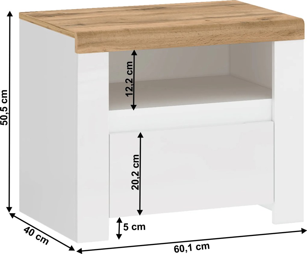 Éjjeliszekrény 1S, fényes fehér/wotan tölgy, VILGO