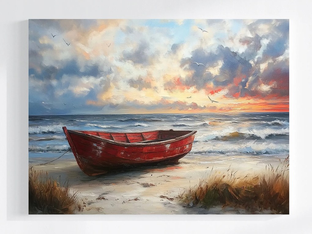 Vászonkép Canvas Piros Hajó Tengerpart Naplemente Tenger Nyár 80x60