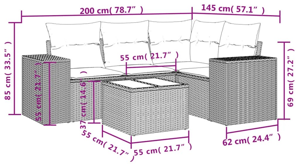 5 részes fekete polyrattan kerti kanapészett párnákkal