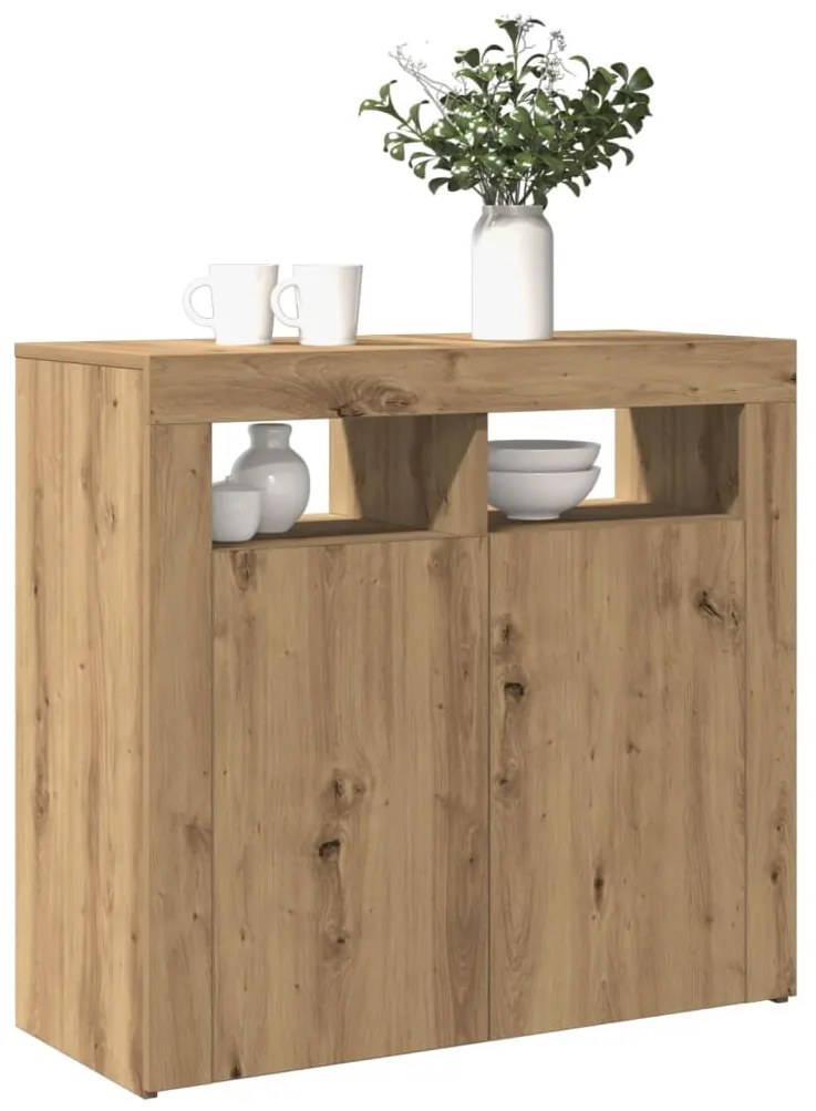 kézműves tölgy szerelt fa tálalószekrény LED-ekkel 80x35x75 cm