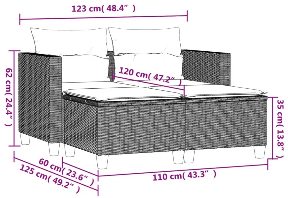 2 személyes barna polyrattan kerti kanapé zsámolyokkal