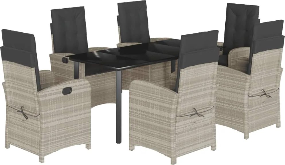 vidaXL 7 részes világosszürke polyrattan kerti étkezőszett párnával