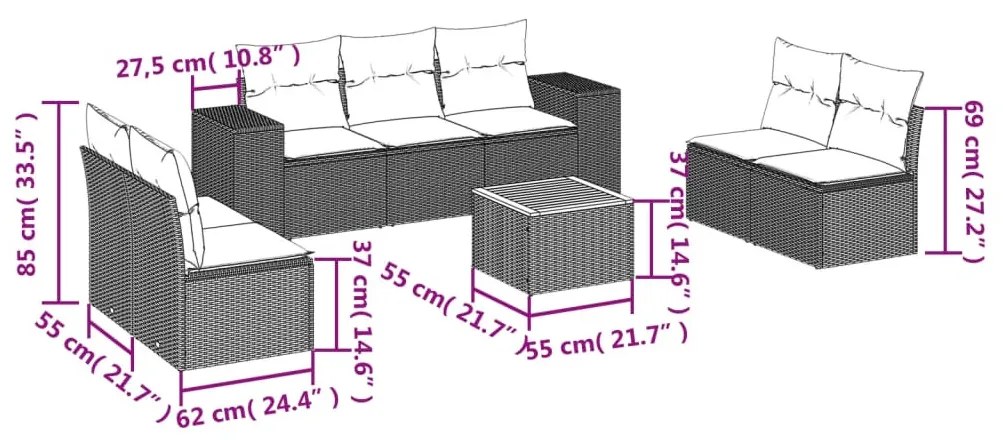 8 részes szürke polyrattan kerti ülőgarnitúra párnákkal