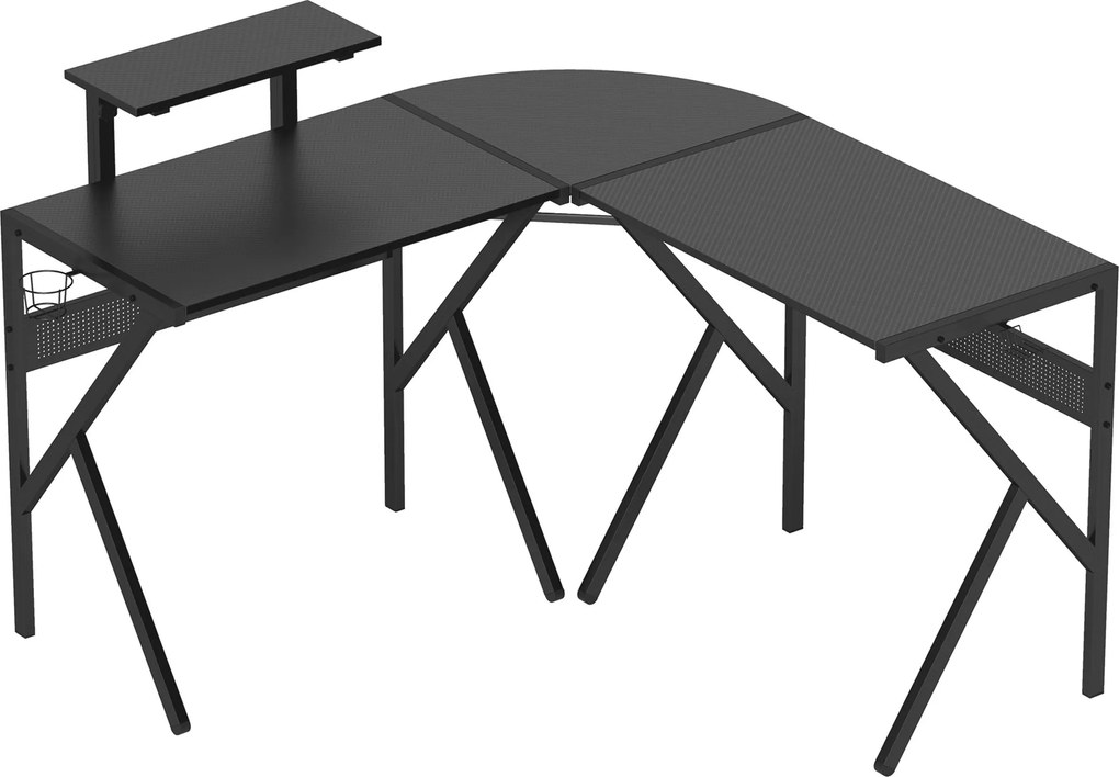 HOMCOM L-alakú Játékasztal Sarok Gamer Asztal 125 x 125 cm Szénszálas Asztallappal, Képernyő Állvánnyal, Pohártartóval és Fülhallgató Akasztóval, Feke
