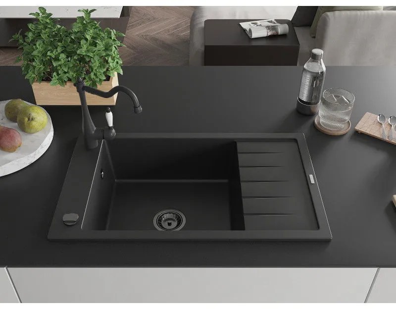 Mexen Elias, gránit mosogató 795x480x200 mm, 1 kamrás és mosogató csaptelep Carla, fekete, 6511-77-670700-70-B