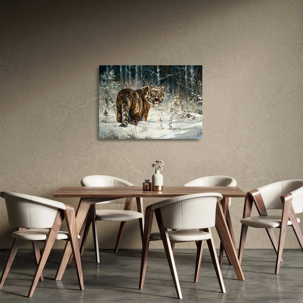 Kép - tigris a havas erdőben, olajfestmény (üvegen) (70x50 cm)