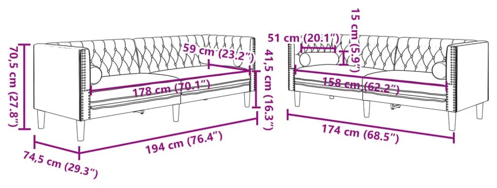 2 részes krémszínű bársony Chesterfield kanapészett párnákkal