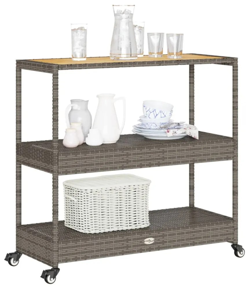 3 szintes szürke polyrattan és tömör akácfa zsúrkocsi