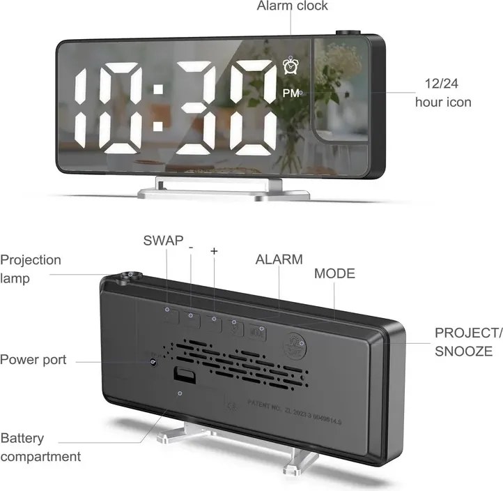 Projektoros digitális ébresztőóra DZ-673 nagy 7,9" LED kijelzővel