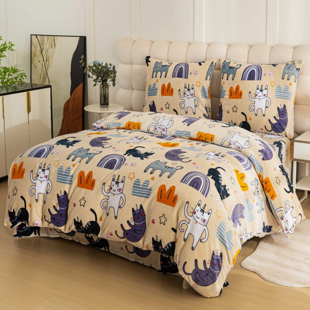 Mikroplüss ágyneműhuzat szett PURRSLEEP bézs + mikroplüss lepedő SOFT 90x200 cm fehér, egyszemélyes