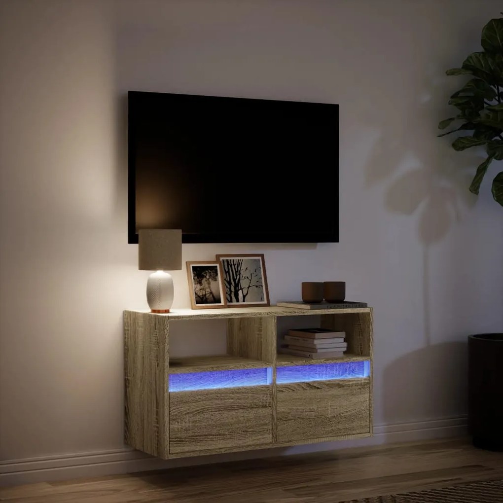 sonoma tölgy színű fali TV-szekrény LED-ekkel 80x31x45 cm