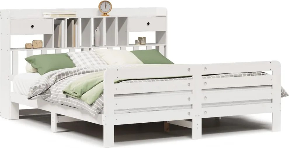 vidaXL fehér tömör fenyőfa könyvespolcos ágy matrac nélkül 180x200 cm